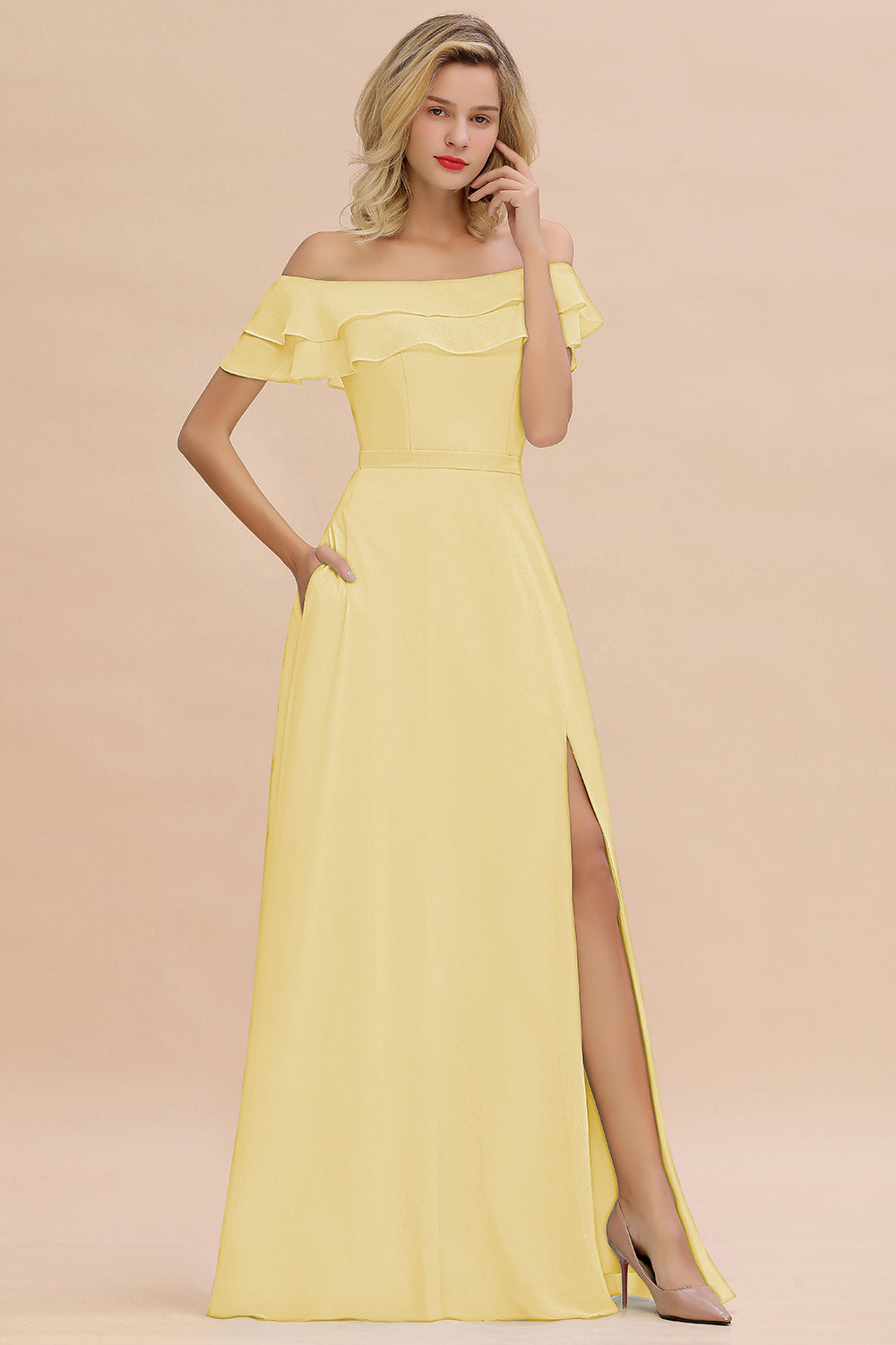 Exquisite Off-the-shoulder Slit Mint Green Bridesmaid Dresses With Pockets - Fashionpara
