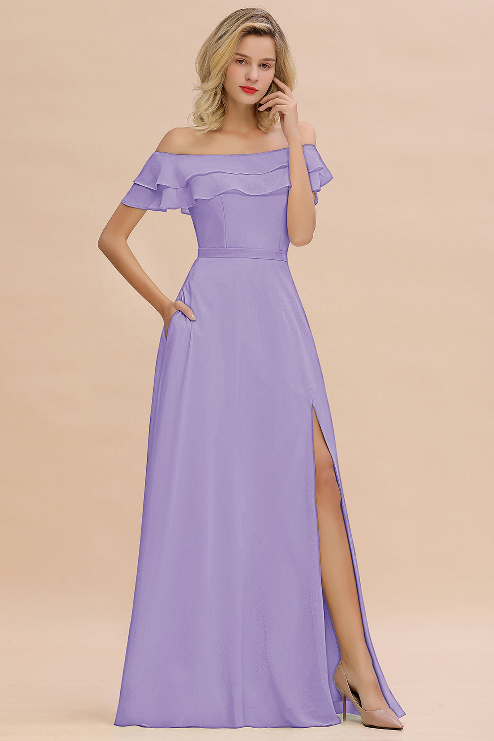 Exquisite Off-the-shoulder Slit Mint Green Bridesmaid Dresses With Pockets - Fashionpara