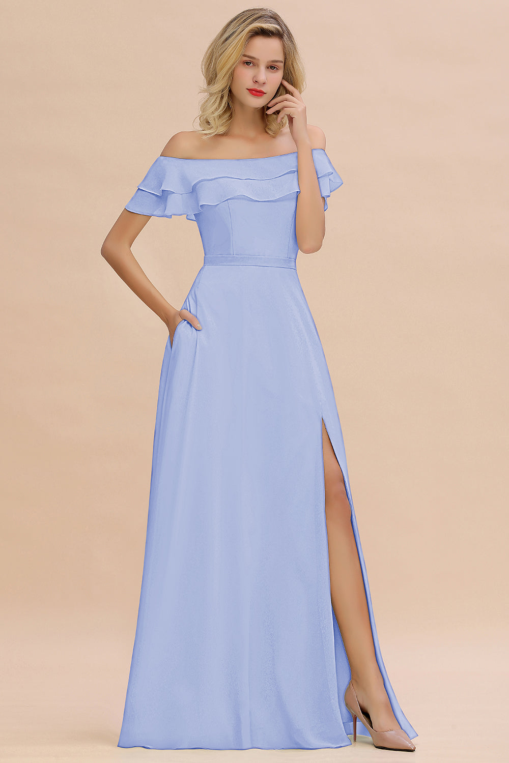 Exquisite Off-the-shoulder Slit Mint Green Bridesmaid Dresses With Pockets - Fashionpara