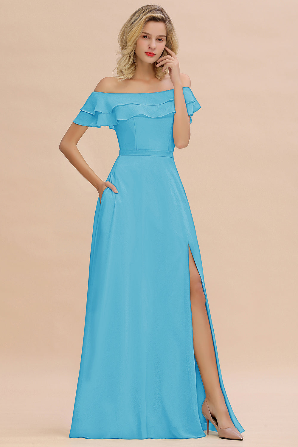 Exquisite Off-the-shoulder Slit Mint Green Bridesmaid Dresses With Pockets - Fashionpara