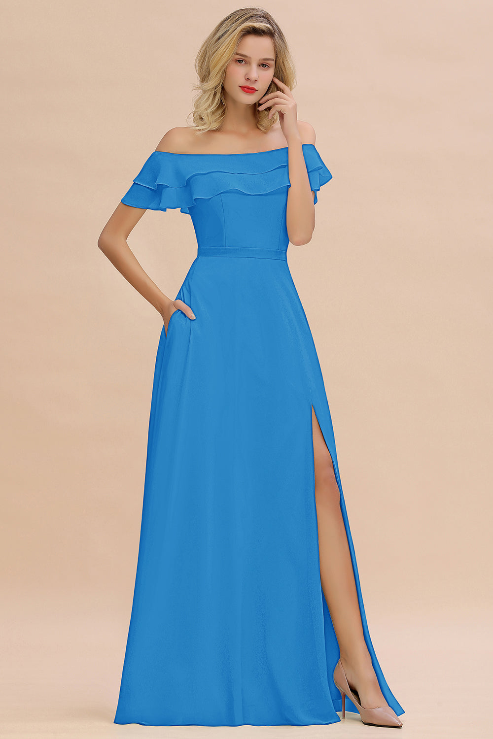 Exquisite Off-the-shoulder Slit Mint Green Bridesmaid Dresses With Pockets - Fashionpara