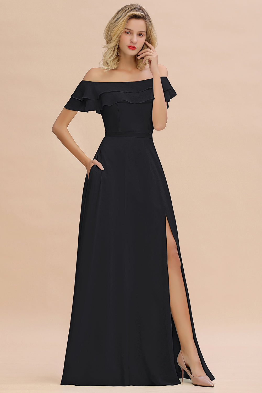 Exquisite Off-the-shoulder Slit Mint Green Bridesmaid Dresses With Pockets - Fashionpara