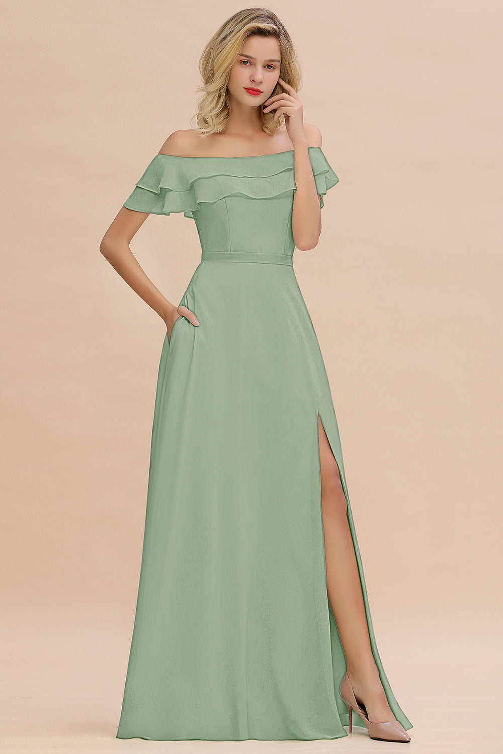 Exquisite Off-the-shoulder Slit Mint Green Bridesmaid Dresses With Pockets - Fashionpara
