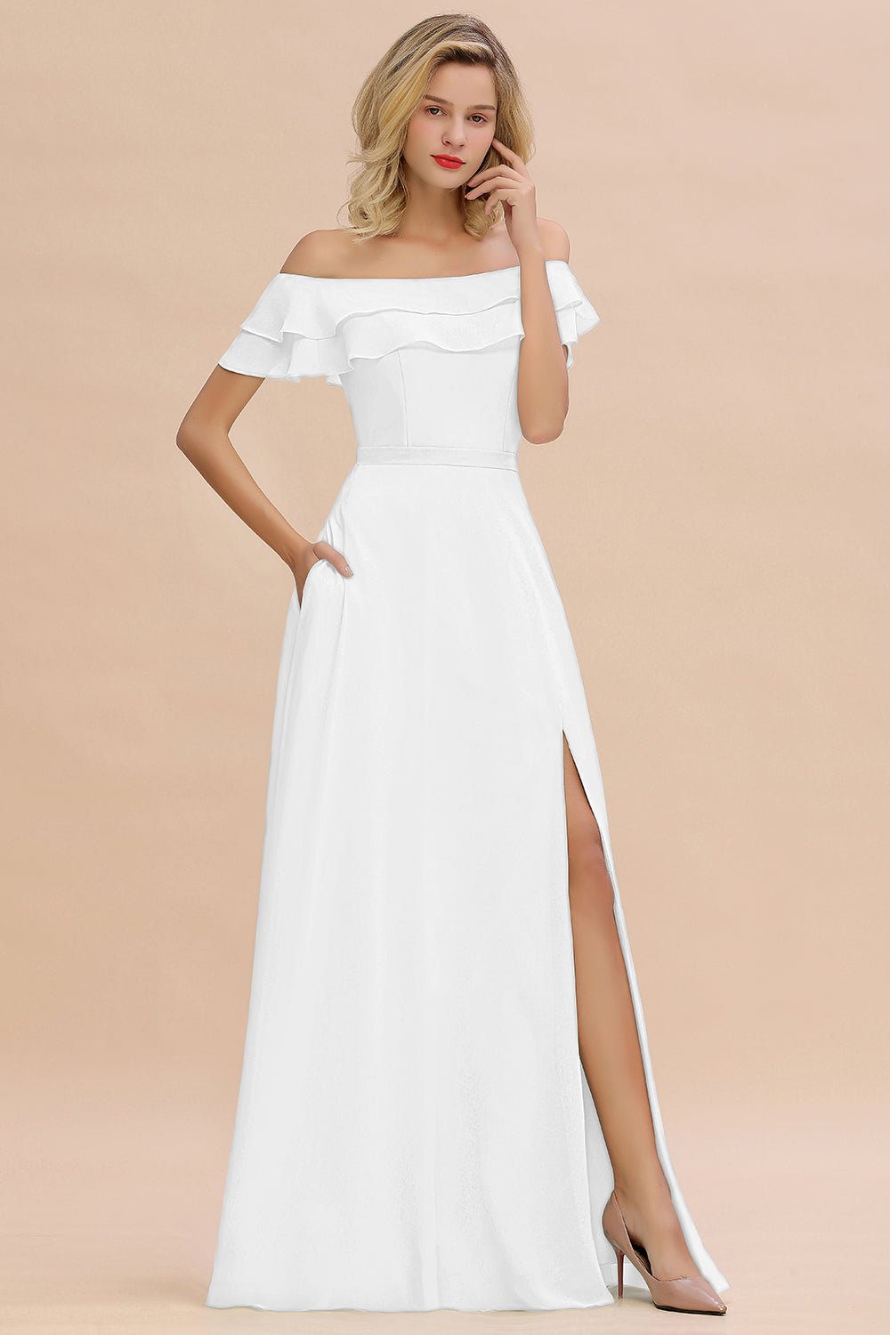 Exquisite Off-the-shoulder Slit Mint Green Bridesmaid Dresses With Pockets - Fashionpara