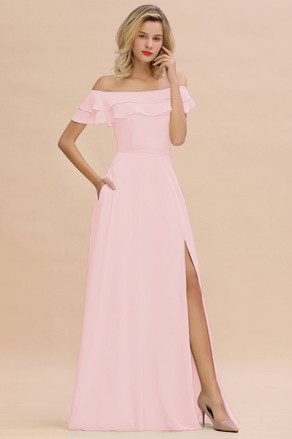 Exquisite Off-the-shoulder Slit Mint Green Bridesmaid Dresses With Pockets - Fashionpara