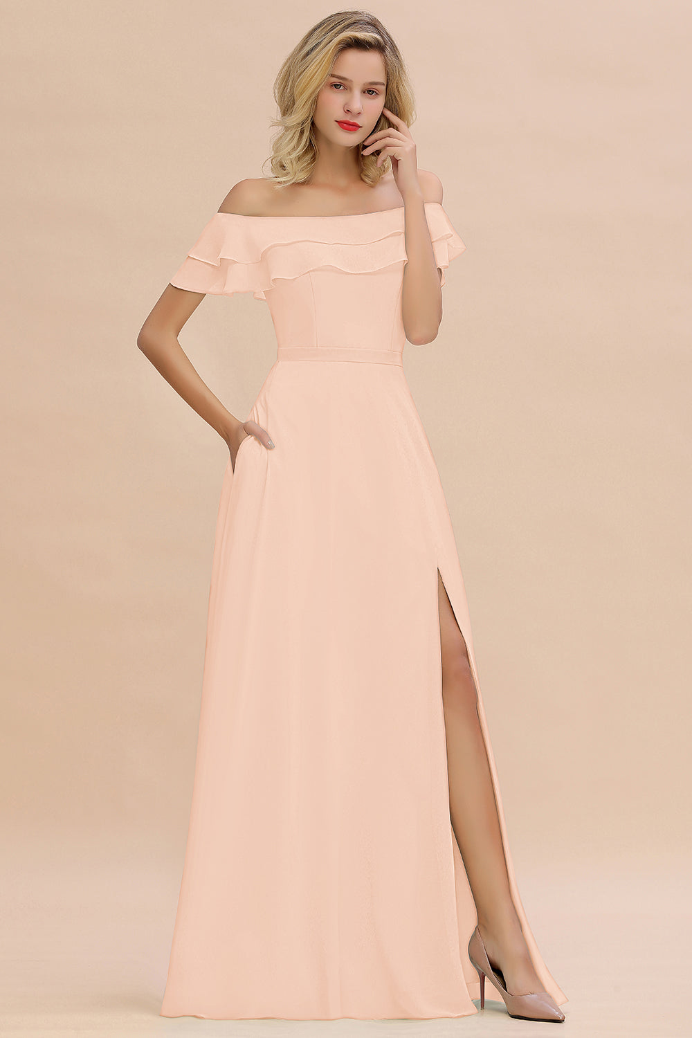 Exquisite Off-the-shoulder Slit Mint Green Bridesmaid Dresses With Pockets - Fashionpara