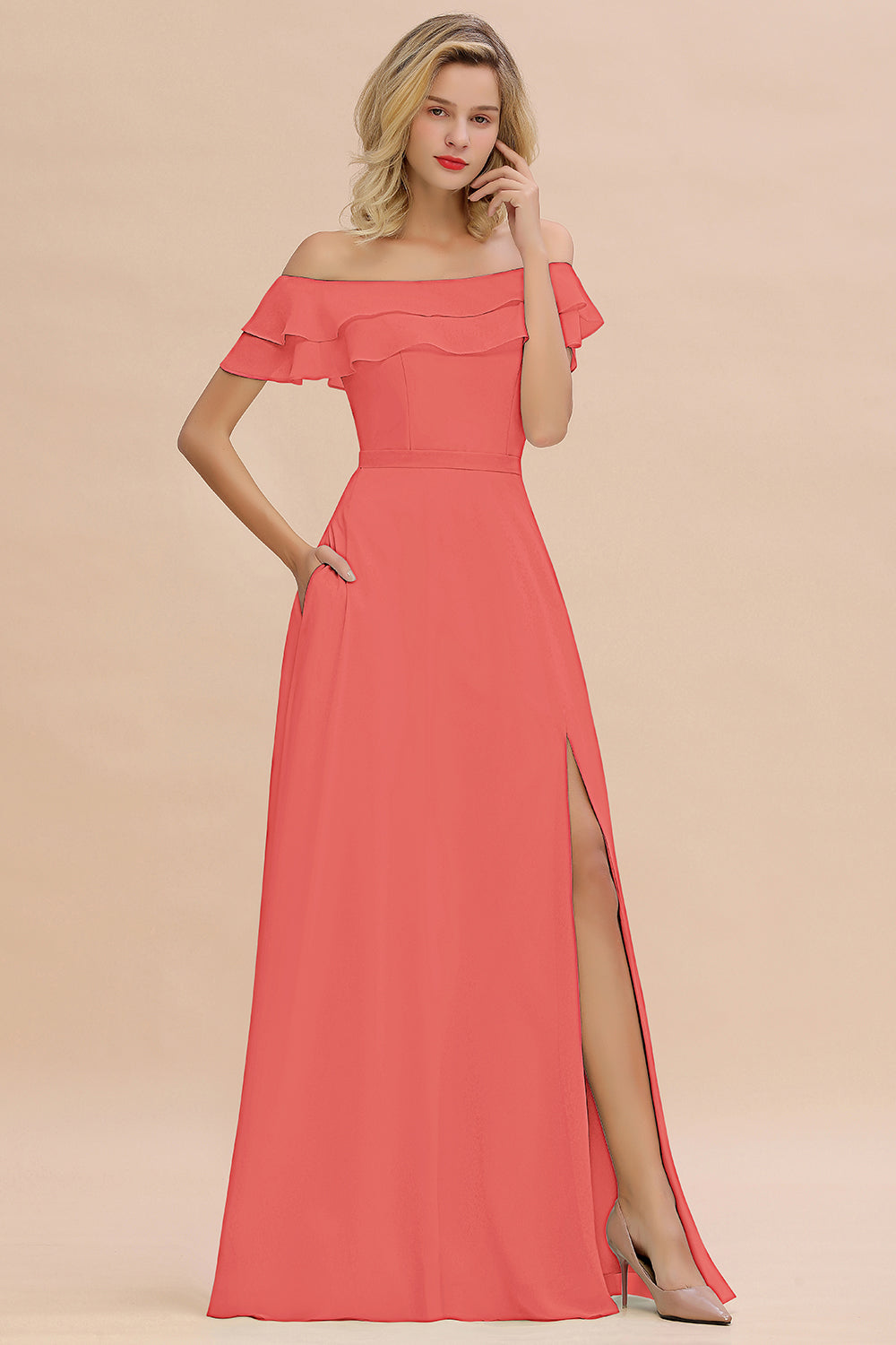 Exquisite Off-the-shoulder Slit Mint Green Bridesmaid Dresses With Pockets - Fashionpara