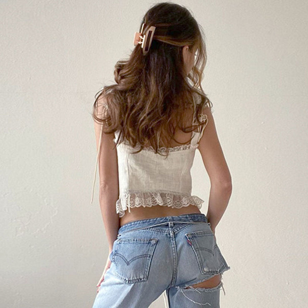 Exquisite Ruffle Lace Trim Tie Front Crop Tank Top - White - Fashionpara