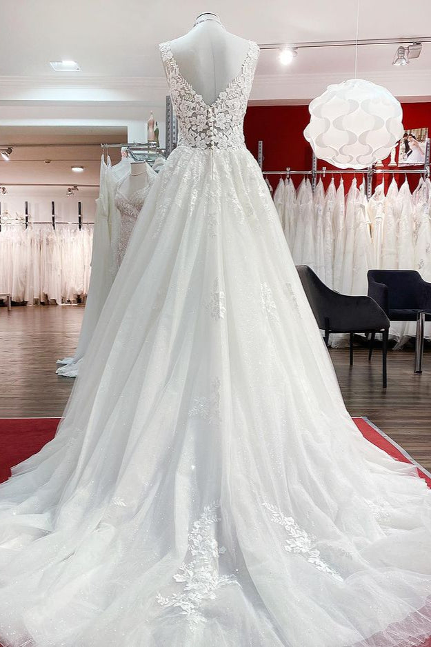 Eye-taking V Neck Tulle Lace White Ruffles Wedding Dresses Long - Fashionpara