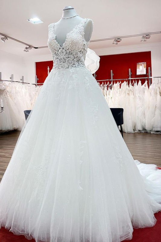Eye-taking V Neck Tulle Lace White Ruffles Wedding Dresses Long - Fashionpara