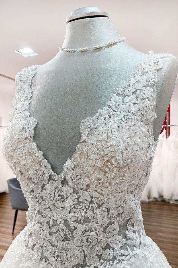 Eye-taking V Neck Tulle Lace White Ruffles Wedding Dresses Long - Fashionpara
