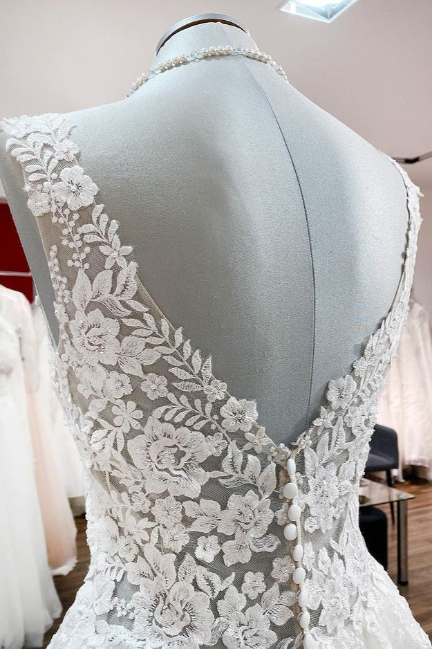 Eye-taking V Neck Tulle Lace White Ruffles Wedding Dresses Long - Fashionpara