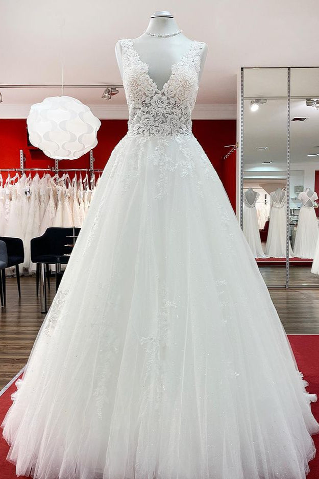 Eye-taking V Neck Tulle Lace White Ruffles Wedding Dresses Long - Fashionpara