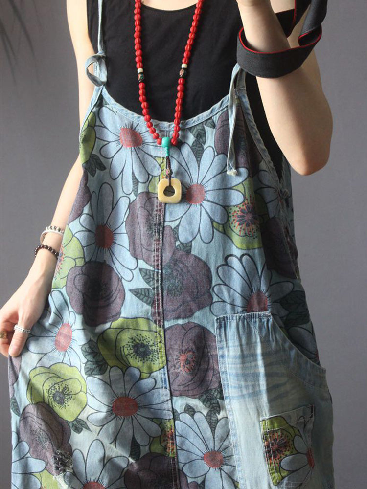 Beautiful in Eyes Floral Print Denim Overall Dungaree - Fashionpara