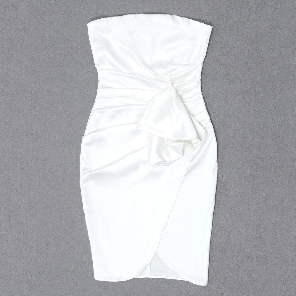 Satin Strapless Ruched Rosette Bodycon Mini Dress