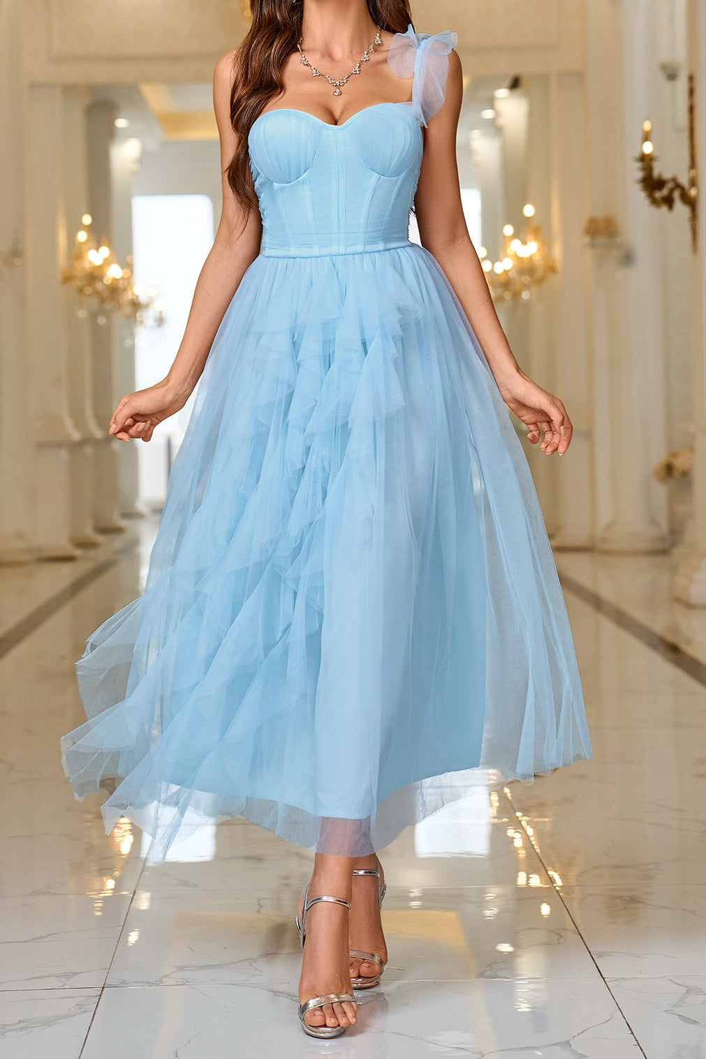 Corset Bustier One Shoulder Sweetheart Tulle Cocktail Midi Dress