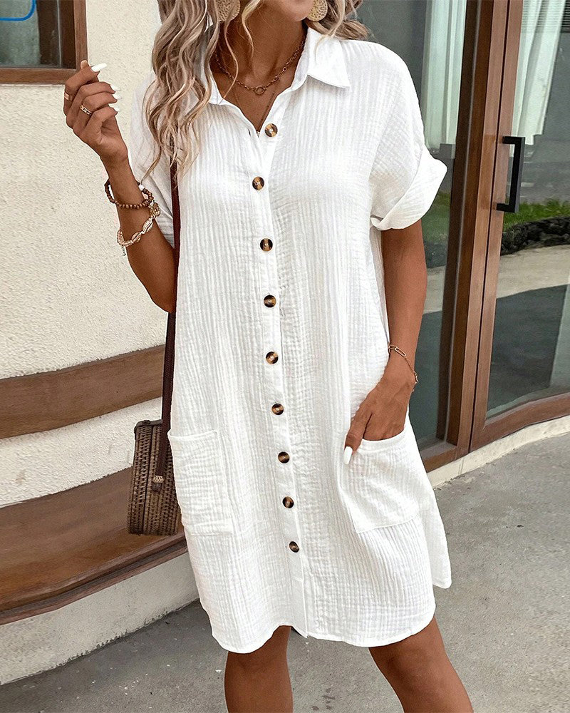 Short Sleeve Cuffed Button Down Collared Shirt Mini Dress - View 2