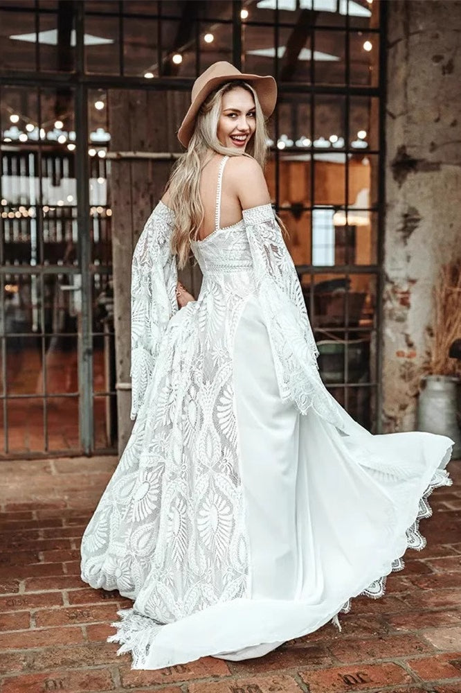 Lace Halter Neck Cold Shoulder Bell Sleeve High Split Maxi Gown - View 3