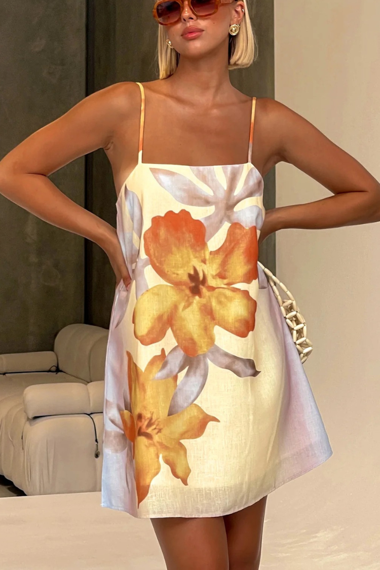 Summer Surprise Linen Blend Floral Print Slip H-line Mini Dress - Fashionpara