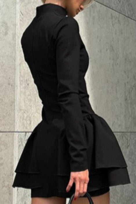 High Neck Long Sleeve Tiered Ruffle Mini Dress