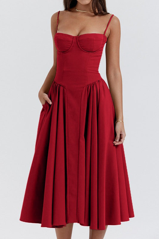 Bustier Sweetheart Spaghetti Strap Fit and Flare Midi Dress