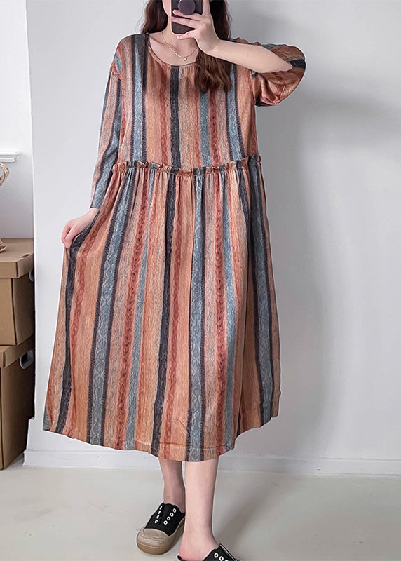 Vertical Stripe Round Neck Long Sleeve Empire Waist Midi Dress - View 2