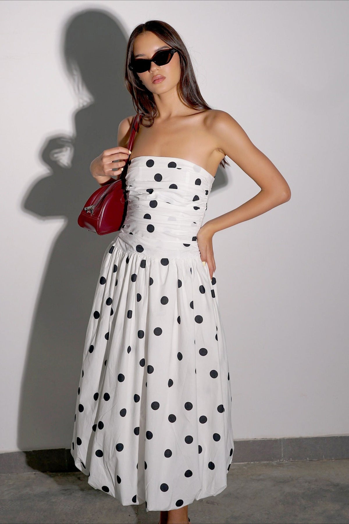 Polka Dot Strapless Drop Waist Maxi Dress