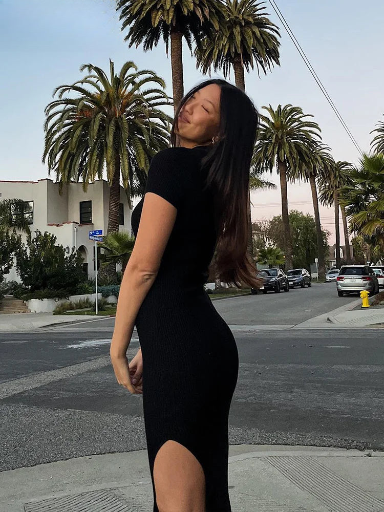 Ribbed Knit Collared Short Sleeve Bodycon Maxi Dress