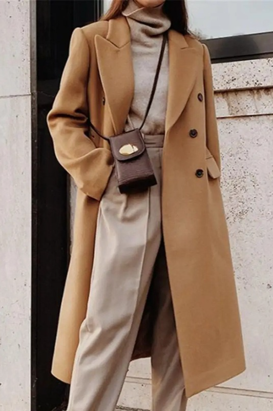 Solid Lapel Double Breasted Slim Overcoat - Fashionpara