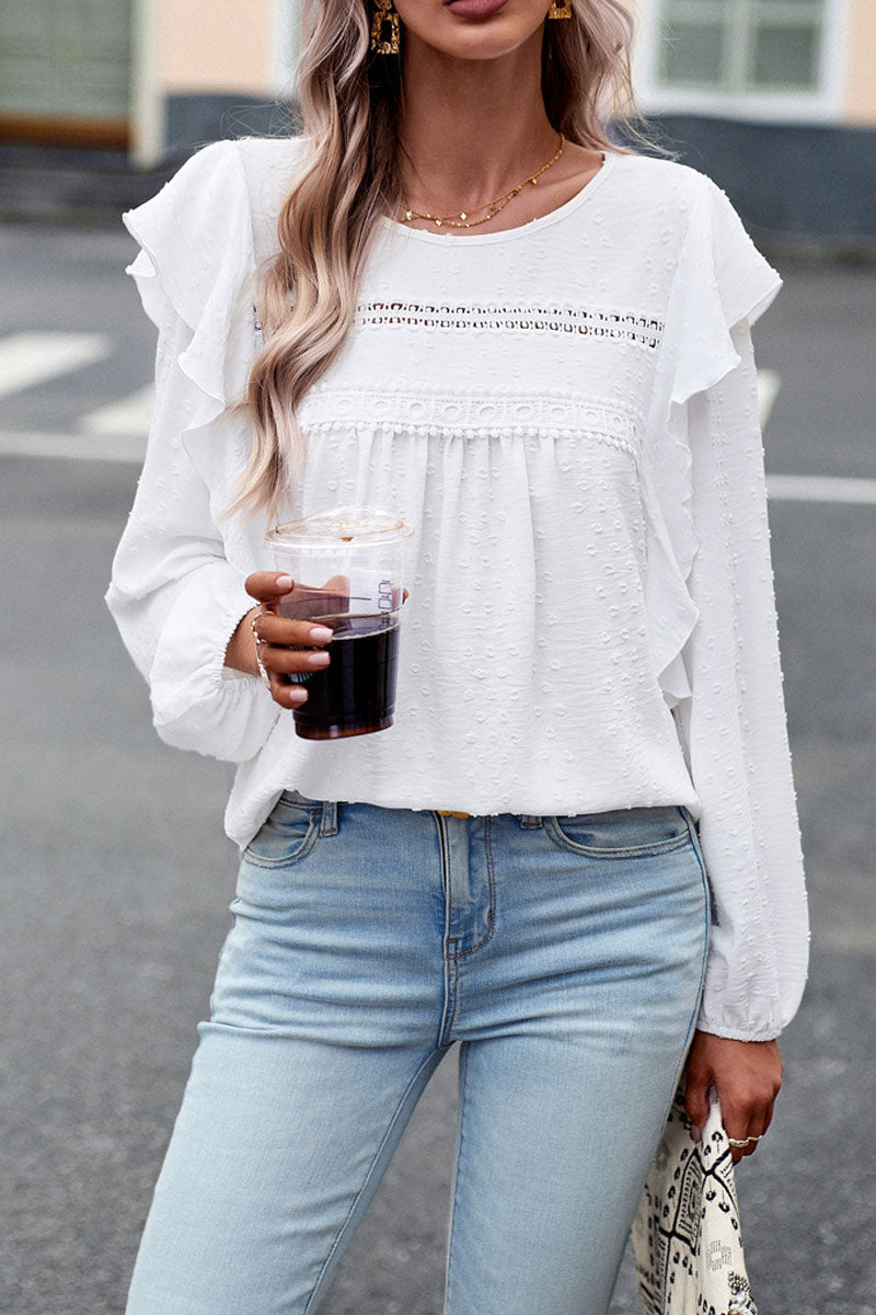 Long Sleeve Ruffle Round Neck Casual Tops - Fashionpara