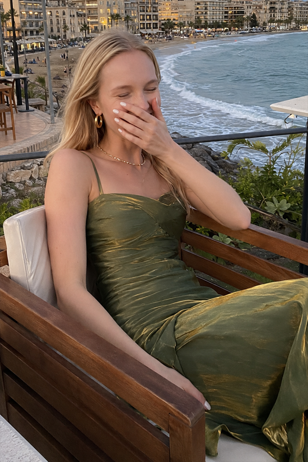 Shimmer Satin Ruched Bodice Slip Maxi Dress