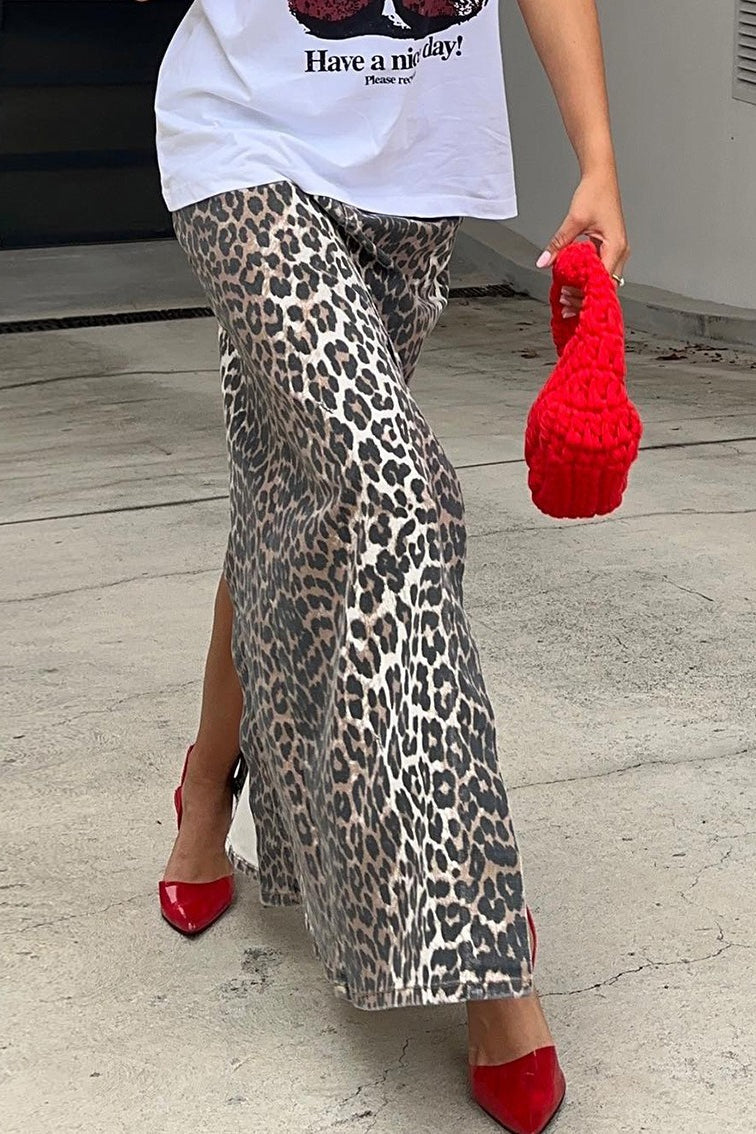 Leopard-Print Front-Slit Maxi Skirt