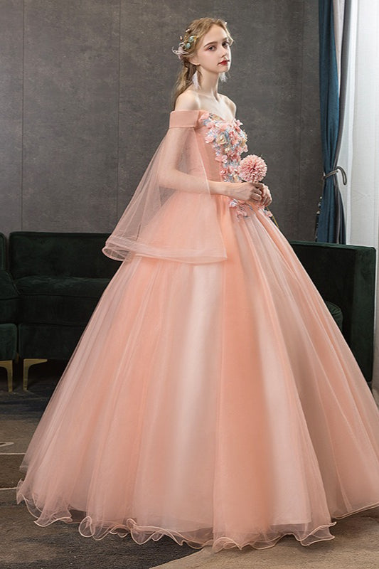 Floral Appliqué Tulle Off Shoulder Long Sleeve Ball Gown