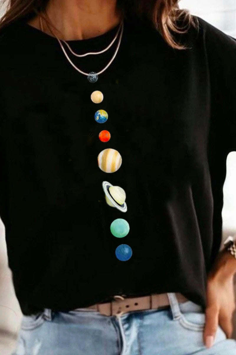 O Neck Straight Basic Print Black T-shirt Fashionpara