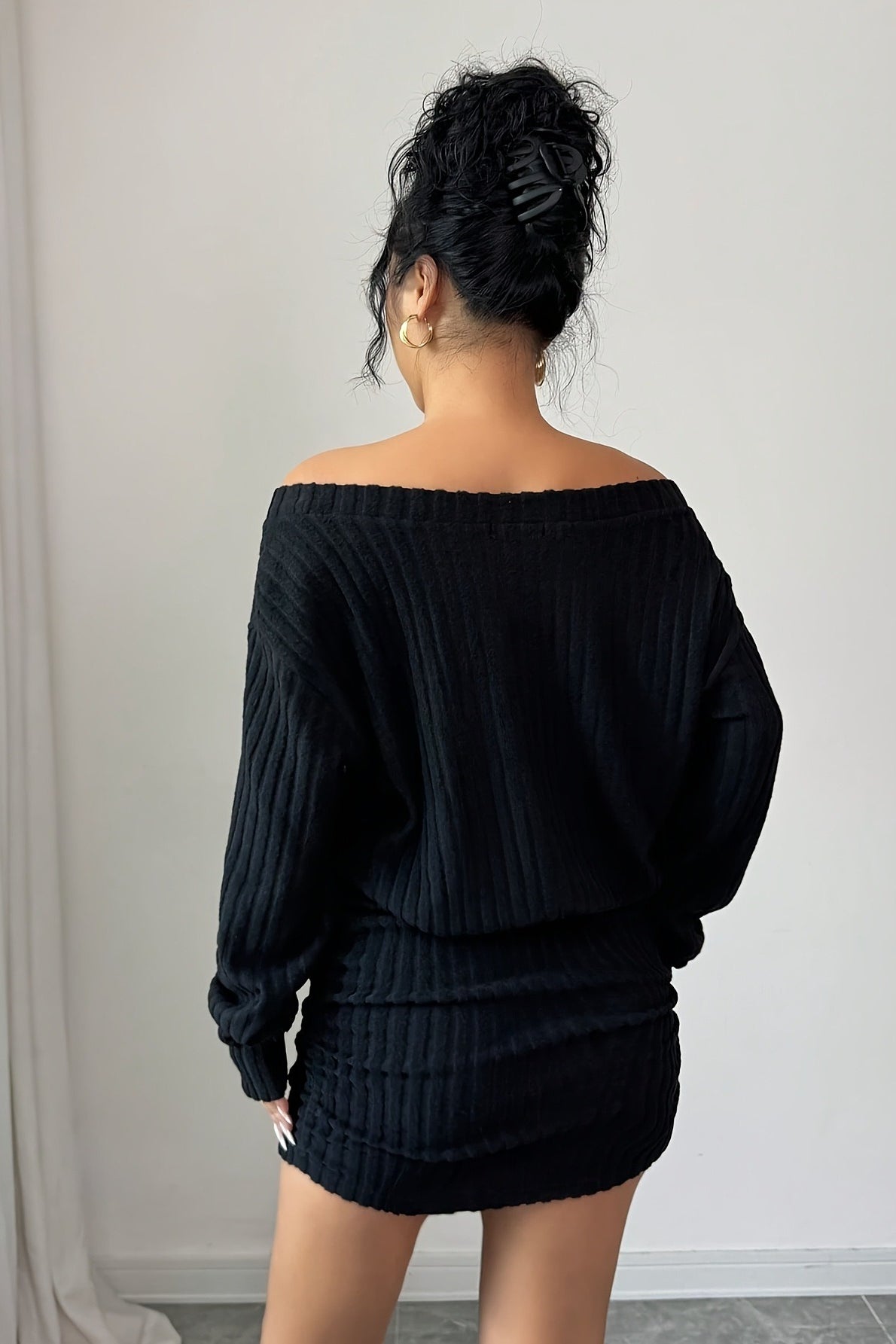 Ribbed Knit Off-Shoulder Long Sleeve Ruched Mini Dress