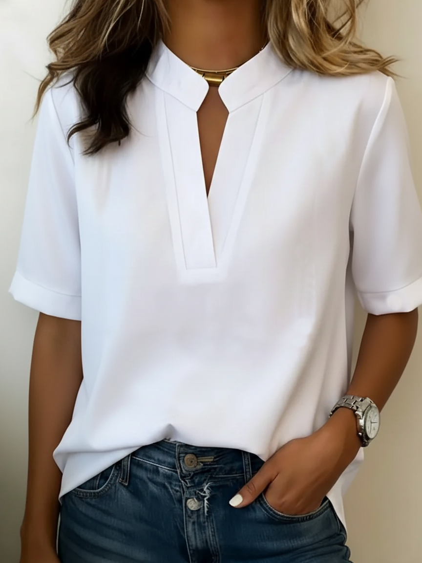Stand Collar V-Neck Short Sleeve Blouse