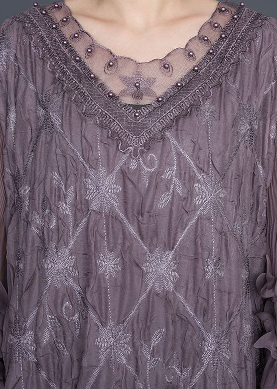 Embroidered Lace Trim V-Neck Leaf Appliqué Long Sleeve Maxi Dress - View 4