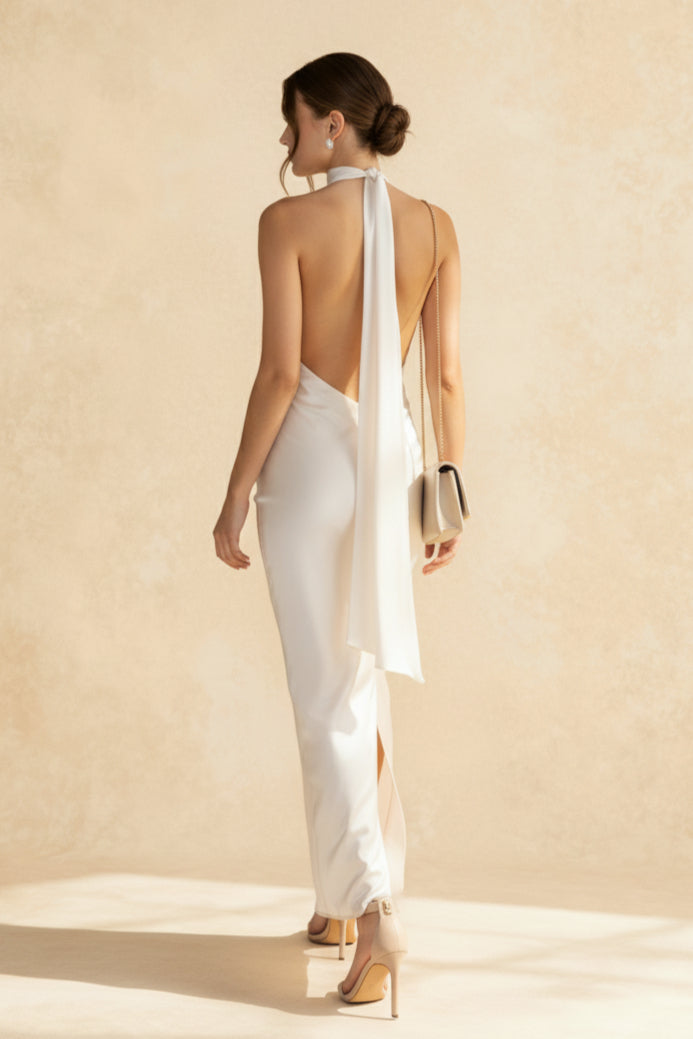 Vintage Solid Satin Backless Maxi Dress - View 2