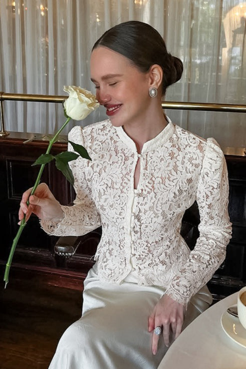 Lace Hollow Out Puff Sleeve Knit Blouse - Fashionpara