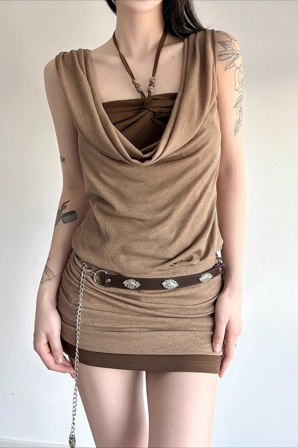 V-Neck Sleeveless Bodycon Mini Dress in Brown