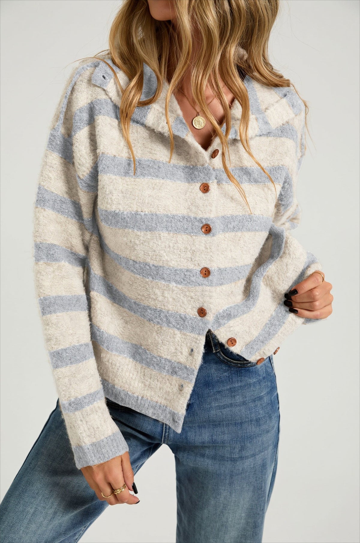 Horizontal Stripe Collared Button Front Cardigan Sweater