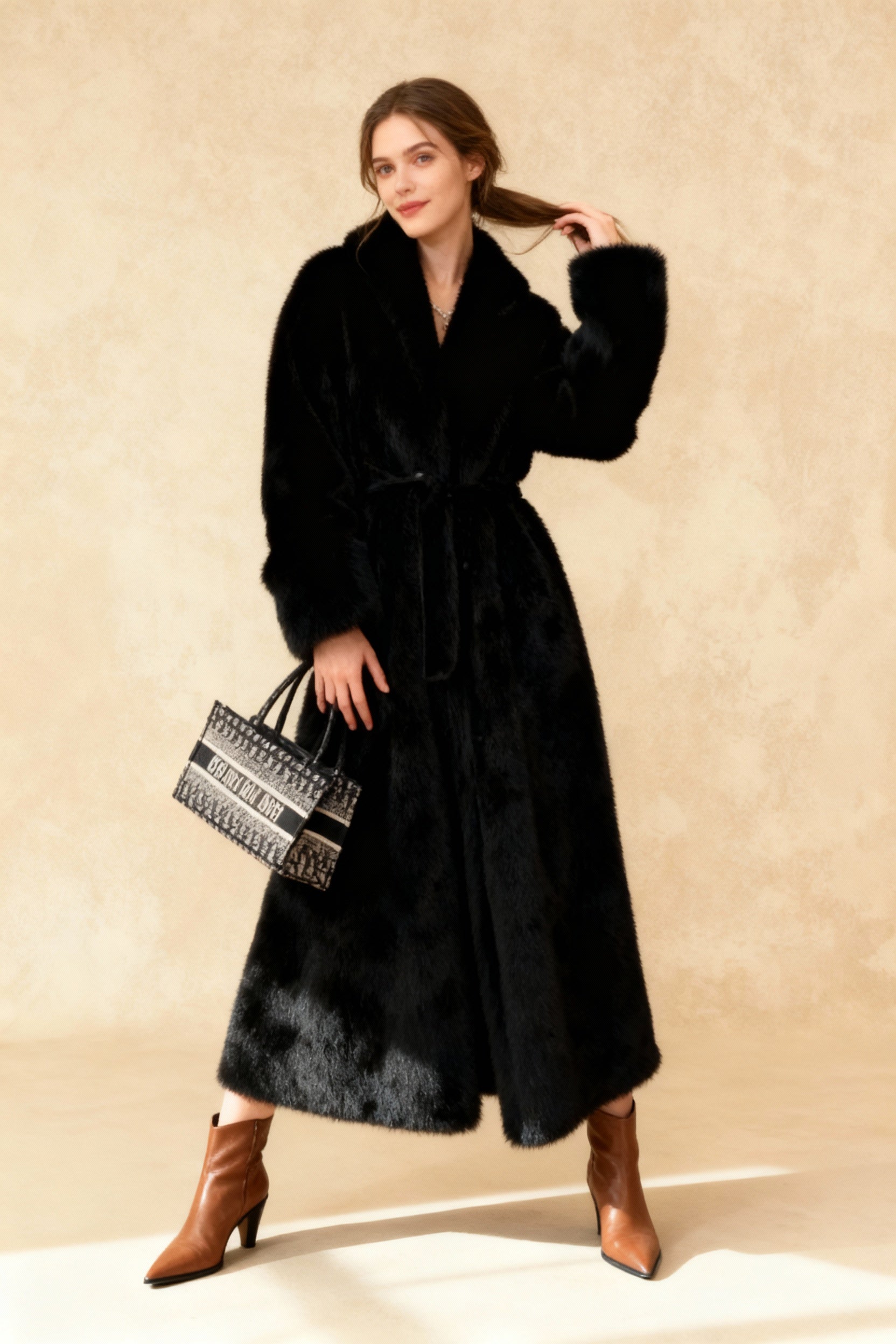 Faux Fur Lapel Plush Imitation Mink Overcoat - Fashionpara