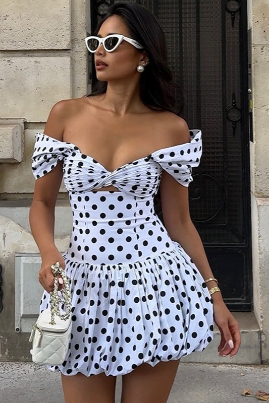 Polka Dot Off Shoulder Twist Front Bubble Mini Dress