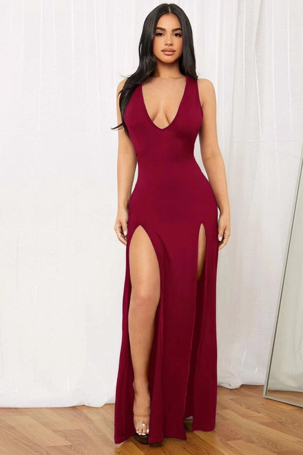 Solid Color Deep V Split Bodycon Sexy Party Dress - Fashionpara