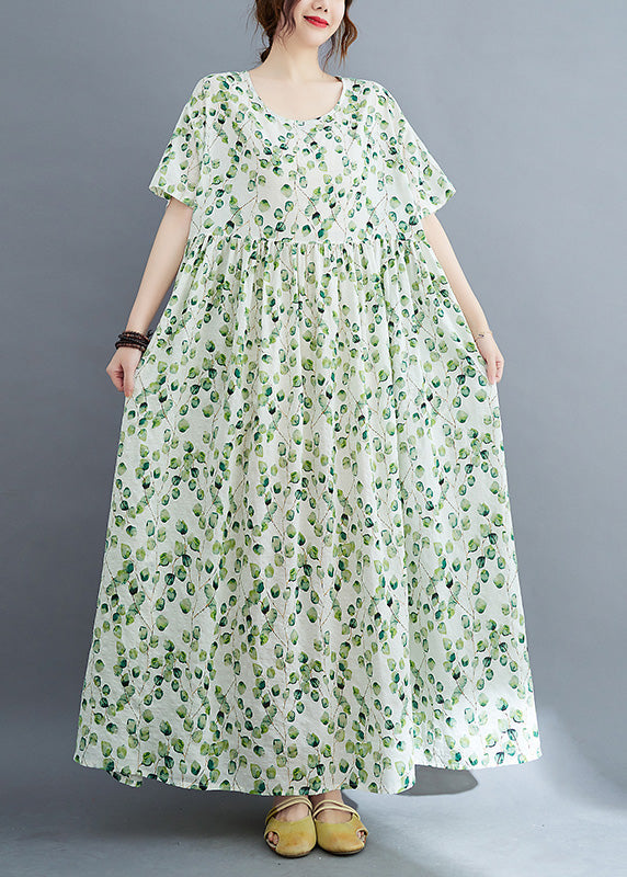 Leaf Print Round Neck Short Sleeve Empire Waist Oversized Maxi Dress - View 2