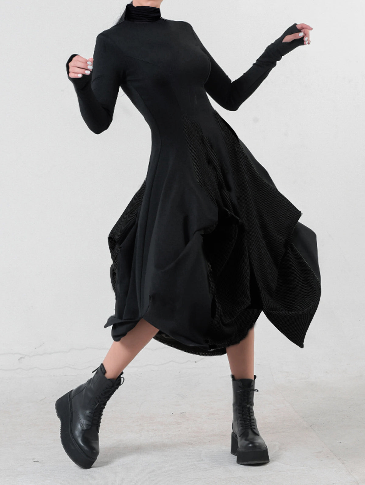 High Neck Thumbhole Long Sleeve Mesh Panel Bubble Hem Midi Dress
