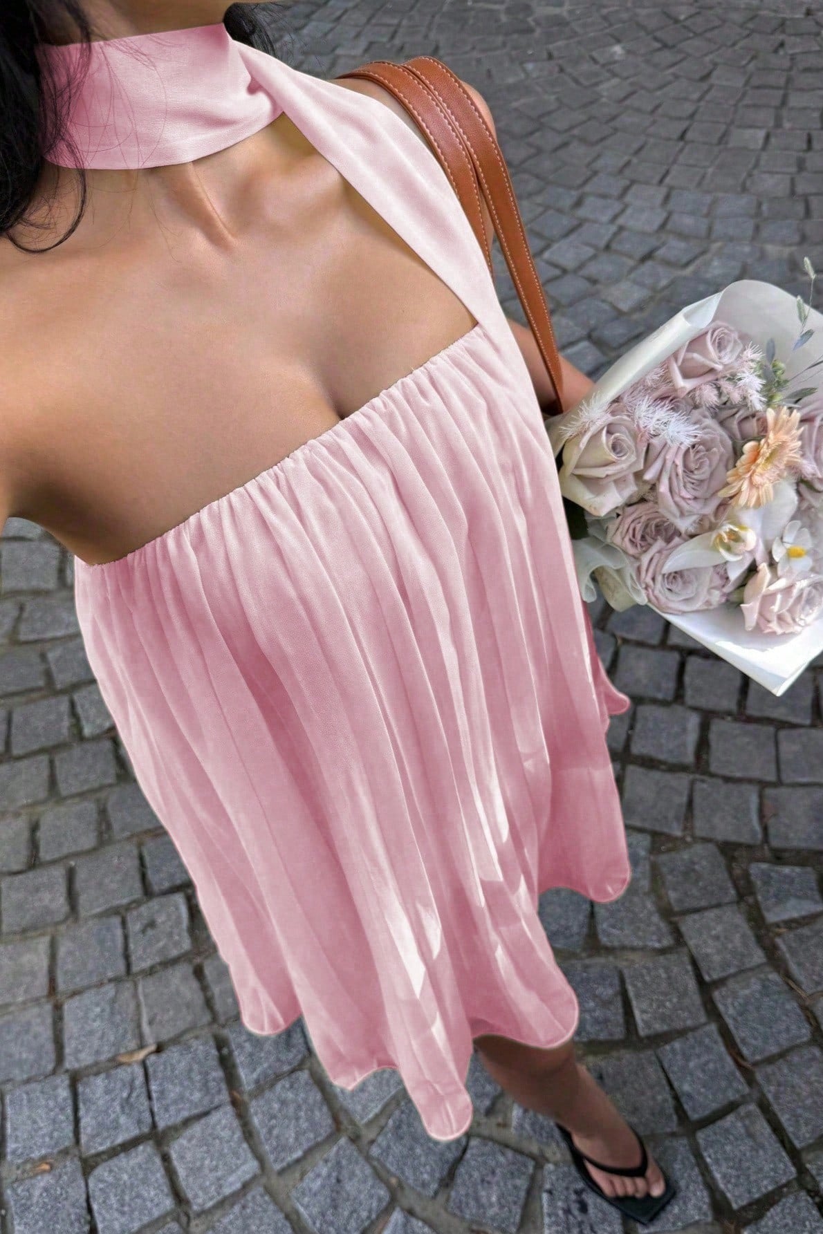Chiffon Halter Neck Pleated Babydoll Mini Dress
