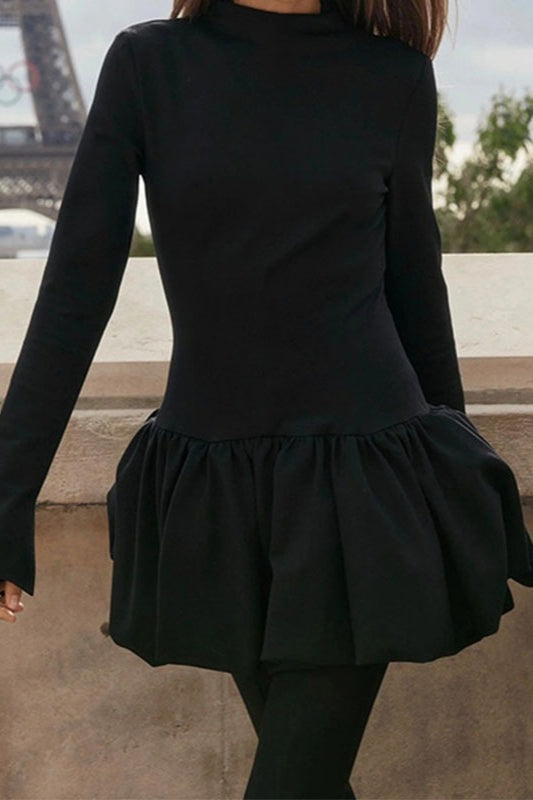 Fitted High-Neck Long-Sleeve Bubble-Hem Mini Dress