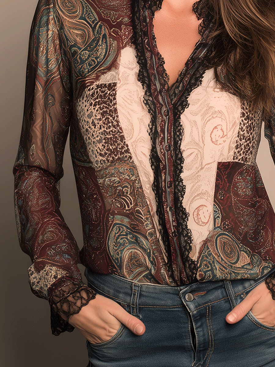 Vintage Lace Paisley Print Shirt - Fashionpara