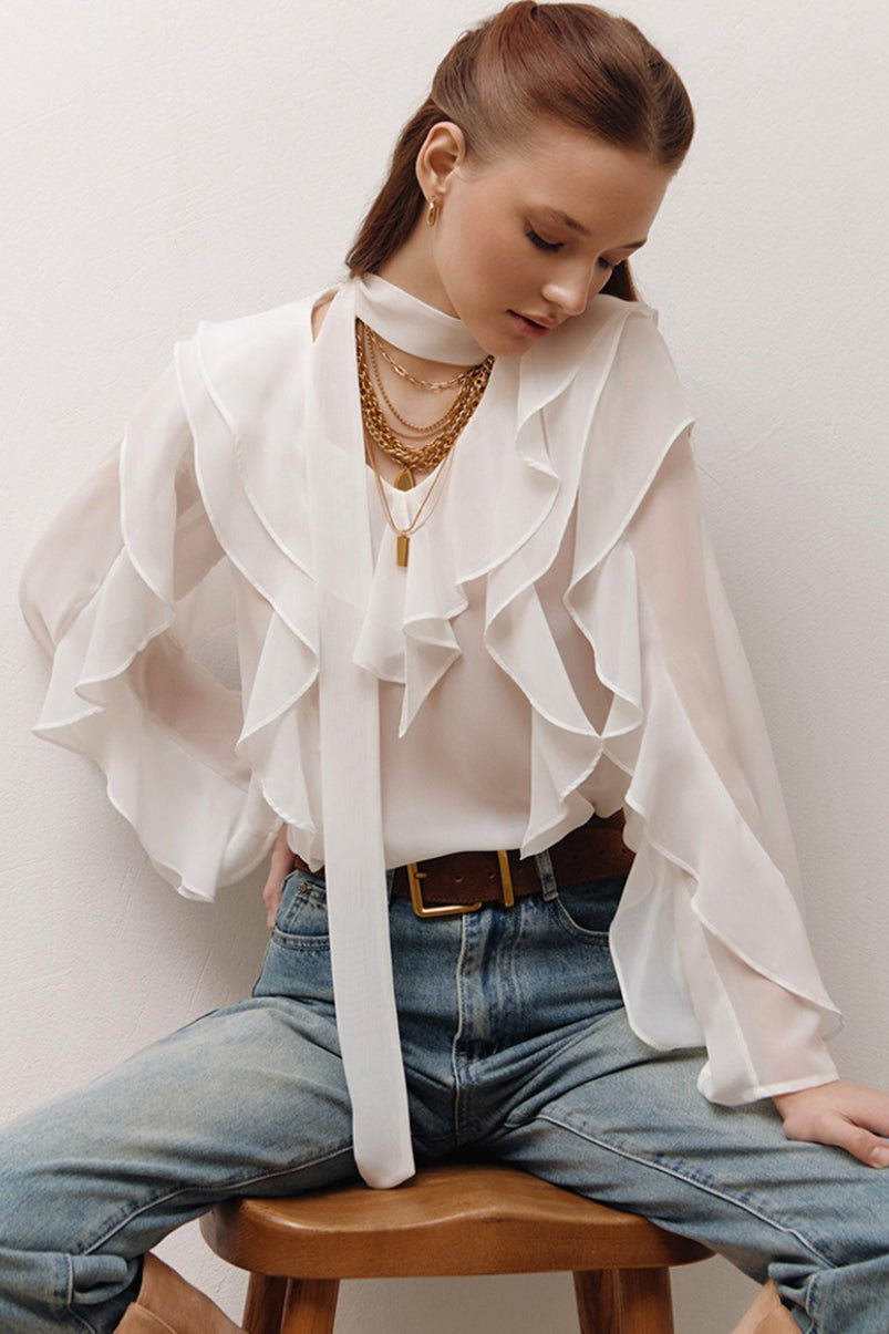 V Neck Ruffle Sleeve Blouse